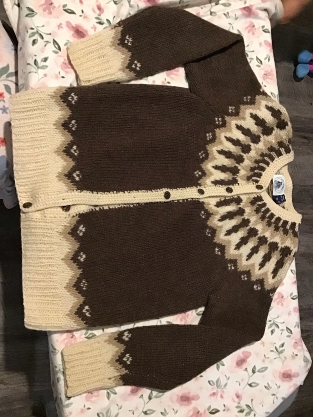 Brown and Cream Nordic-Pattern Button-Up Cardigan